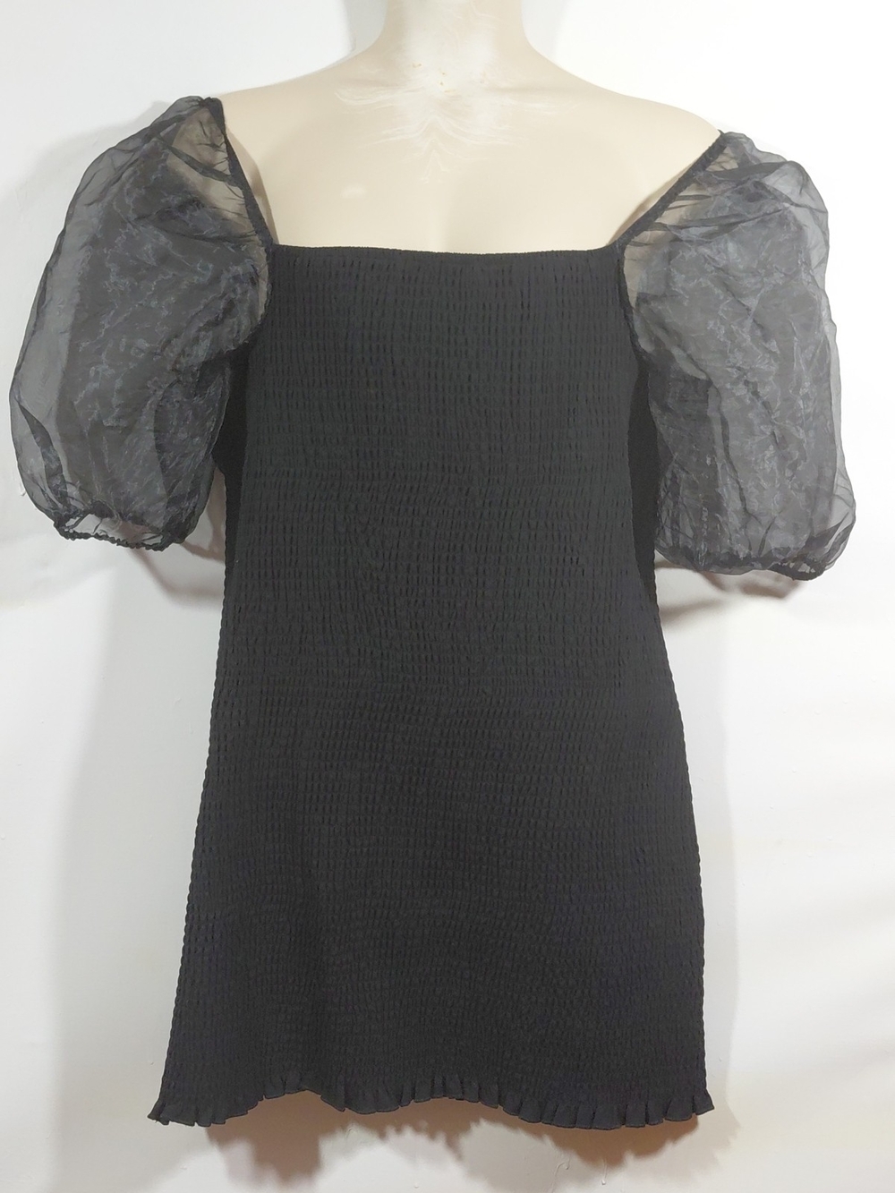 Forever 21 Black Puff-Sleeve Square Neck Smocked Mini Dress Eveningwear Party